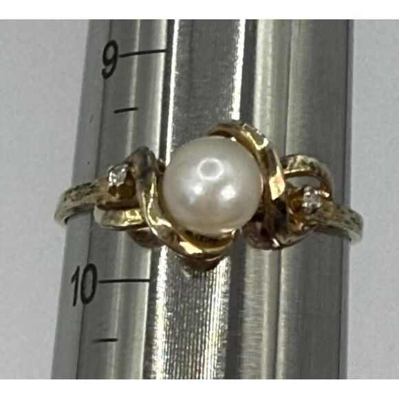 Vintage Sterling Silver Vermeil Pearl & Diamond Accent Ring Size 9.75 - Picture 8 of 8